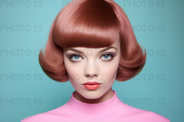 Young woman with 50s hairstyle and makeup on blue studio background. KI generiert, generiert, AI generated