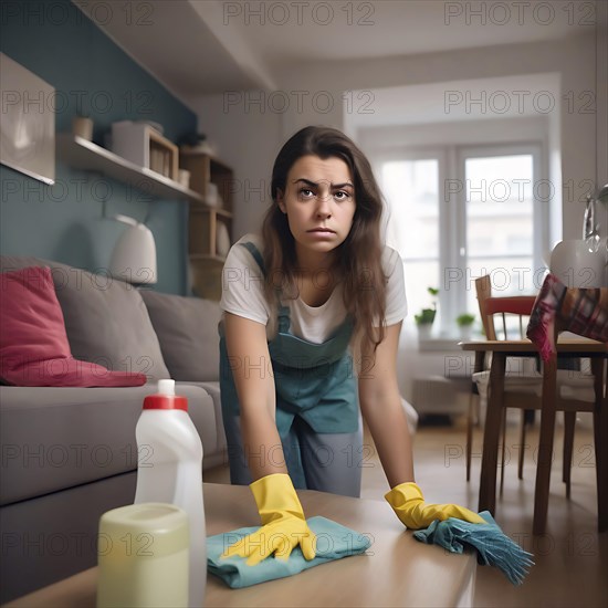 Woman appears exhausted and overwhelmed doing housework in a modern living room, No desire to tidy up, AI generated