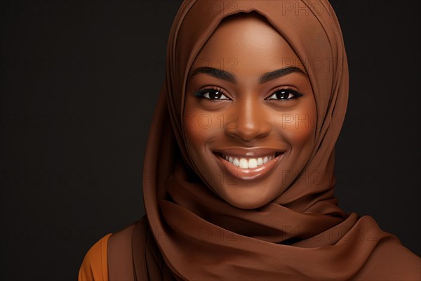 Face of young beautiful afro american muslim woman with hijab headscarf in front of dark studio background. Smiling black muslim woman with, AI generated