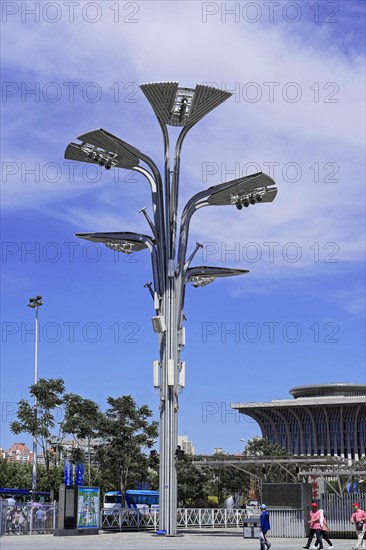 Beijing, China, Asia, Modern street lamp with a unique design in front of a clear blue sky, Asia