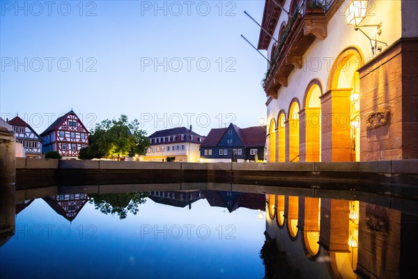 View of an old town, half-timbered houses and streets in a town. Seligenstadt am Main, Hesse Germany