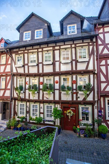 Old half-timbered houses in a town. Streets and buildings in the morning in Wetzlar, Hesse Germany