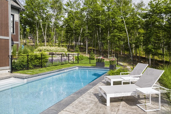 Two white long chairs on edge of in-ground swimming pool enclosed by clear glass and black metal fence in residential backyard in summer, Quebec, Canada, North America