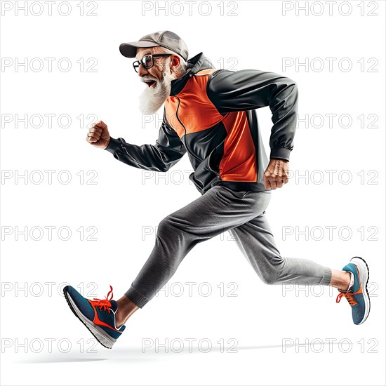 Elderly man in motion, jogging happily in orange and grey sportswear, running, starting, advertising, special offer, AI generated