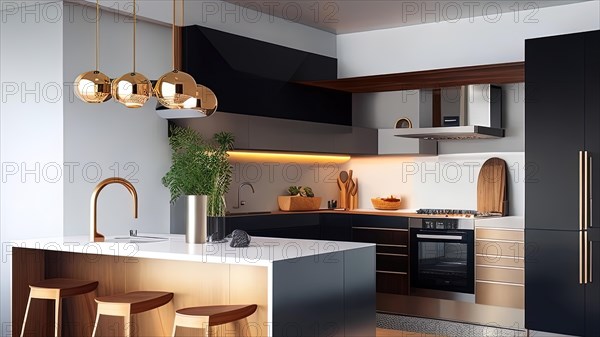 3d Illustration of modern kitchen in a house with a beautiful design, AI generated