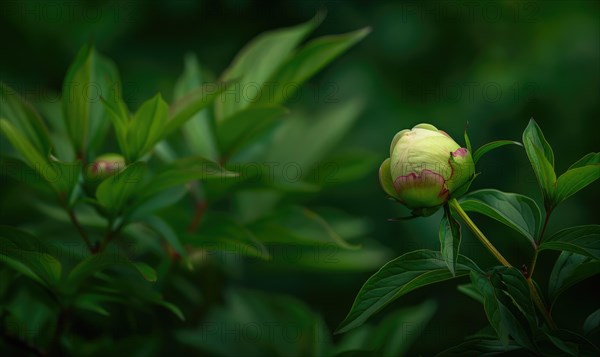 A single peony bud about to bloom against a backdrop of green foliage AI generated