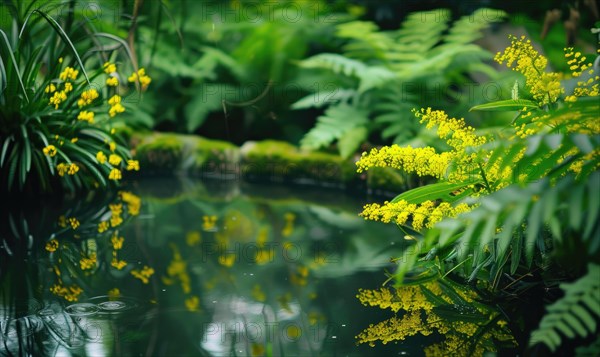 A tranquil pond surrounded by lush greenery AI generated