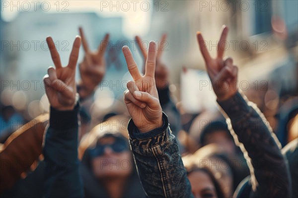 Crowd of people with raised hands with peace sign. KI generiert, generiert, AI generated