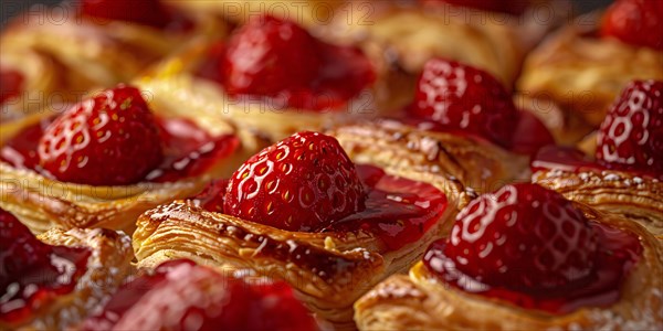 Close up of pastries with strawberry fruits. KI generiert, generiert, AI generated