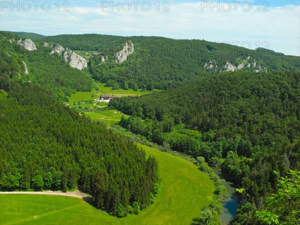 View of the Upper Danube valley from the Knopfmacherfelsen rock, nature park, Tuttlingen district, Baden-Wuerttemberg, Germany, Europe