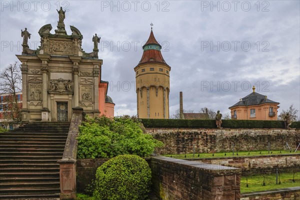 Einsiedeln Chapel, historic water tower and Pagodenburg Castle, former residence of the Margraves of Baden-Baden, Rastatt, Baden-Wuerttemberg, Germany, Europe