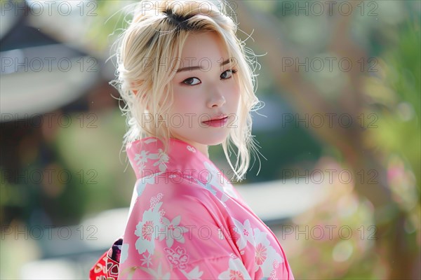 Beautiful young woman with pink kimono with blurry trees in background. KI generiert, generiert, AI generated