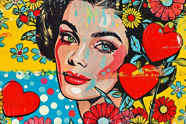 Colourful pop art image of a woman with colourful flowers and heart motifs, AI generated, AI generated