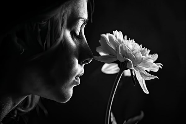Mother's Day, A woman looks at a flower in a still, detailed black and white image, AI generated, AI generated