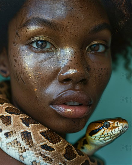 Close-up portrait of a woman with freckles and golden makeup alongside a snake coiled around her neck, blurry teal turquoise solid background, beauty product studio light, fashion artsy make up, high concept potraiture, AI generated