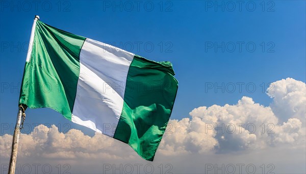 The flag of Nigeria flutters in the wind, isolated against a blue sky