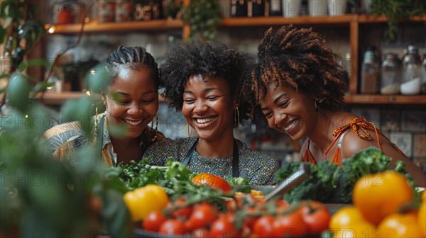 Three joyful women engage in preparing food together, surrounded by fresh vegetables in the kitchen, AI generated