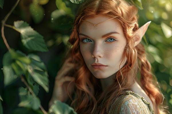 Beautiful elf woman with elven ears in forest. KI generiert, generiert, AI generated