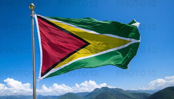 The flag of Guyana, fluttering in the wind, isolated, against the blue sky