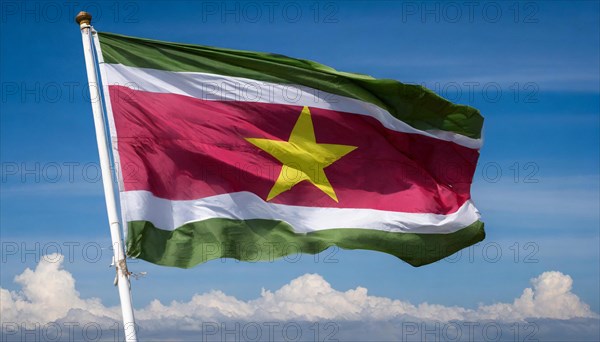 The flag of Suriname, fluttering in the wind, isolated, against the blue sky