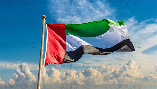 The flag of United Arab Emirates, fluttering in the wind, isolated, against the blue sky