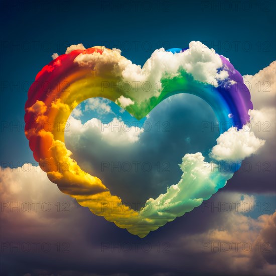 Huge rainbow heart in the sky with white clouds. Symbolic image of love. Generative AI image, AI generated