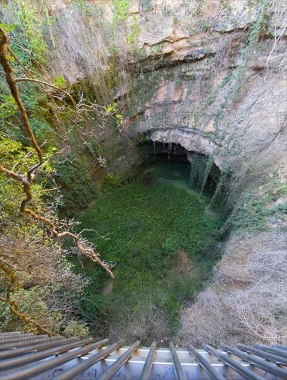 View into a deep natural pit with lush greenery, El Pozo de los Aines, Grisel, Tarazona, Spain, Europe