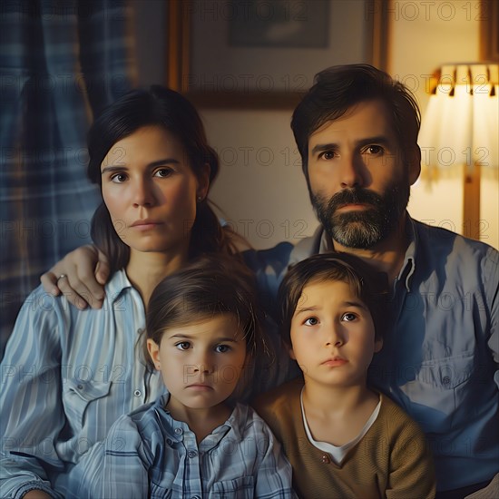 A serious family sits together and looks thoughtful, apartment relocation, apartment relocation, housing shortage, AI generated