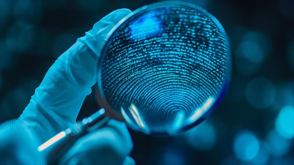 Crime scene with investigator wearing surgical glove viewing A fingerprint through the glass of a magnifying glass. generative AI, AI generated