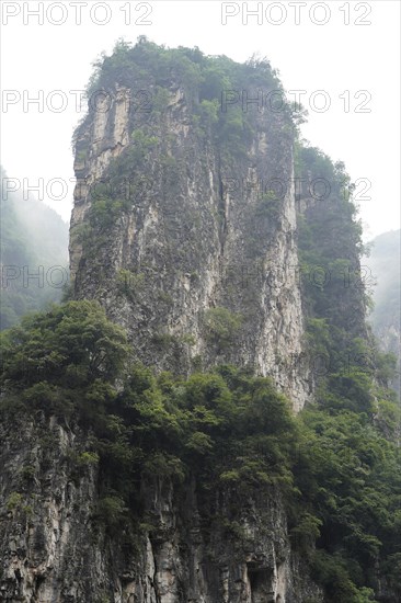 Cruise ship on the Yangtze River, Hubei Province, China, Asia, Lonely rock rises out of the mist, covered with lush green vegetation, Yichang, Asia