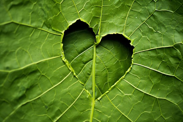 Heart shaped hole in plant leaf. KI generiert, generiert, AI generated