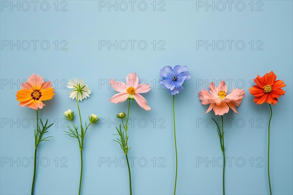 Summer flowers in a row on blue background. KI generiert, generiert, AI generated