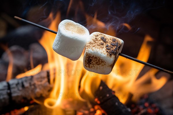 Grilled marshmallows over campfire. KI generiert, generiert, AI generated