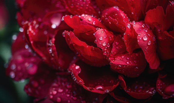 Close-up of a red peony with raindrops glistening on its petals AI generated
