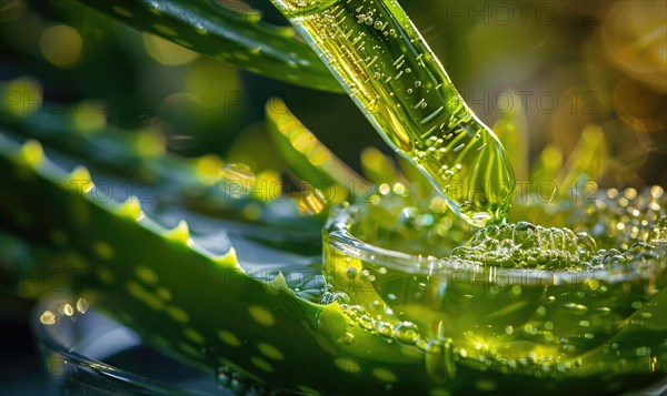 Close-up of aloe vera gel being extracted and blended with botanical oils and essences AI generated