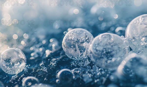 Close-up of frozen bubbles trapped beneath the surface of a lake AI generated