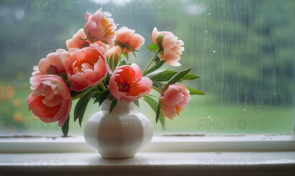 A vase filled with coral peonies on a windowsill AI generated