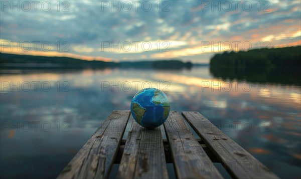 An Earth globe placed on a wooden dock overlooking a calm lake with a picturesque sky AI generated