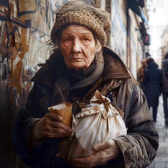 Elderly lady holding paper bags, looking tired and worried, city in the background, AI generated