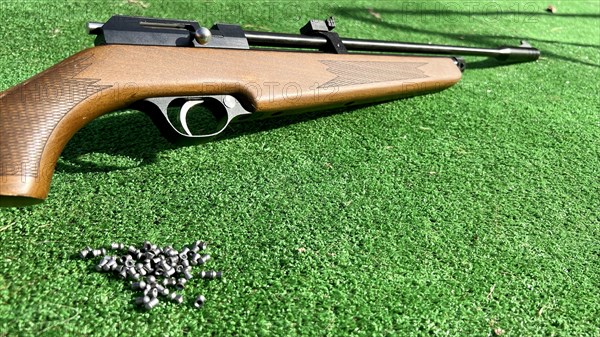 Detail of a shotgun and buckshot on a green background. Illegal hunting is quite common and is considered a serious crime