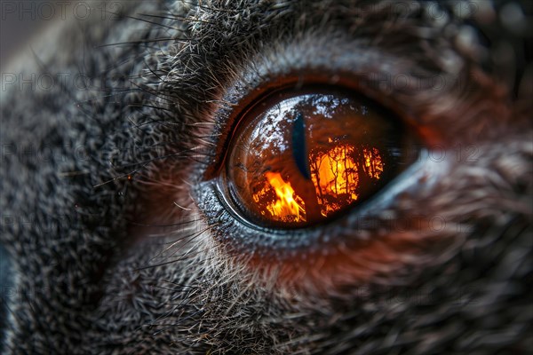 Close up of Koala bear's eye with reflection of burning forest. KI generiert, generiert, AI generated