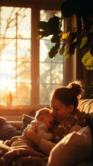 A mother is holding a sleeping baby on her chest.The scene is warm and cozy, with the sun shining through the window, AI generated