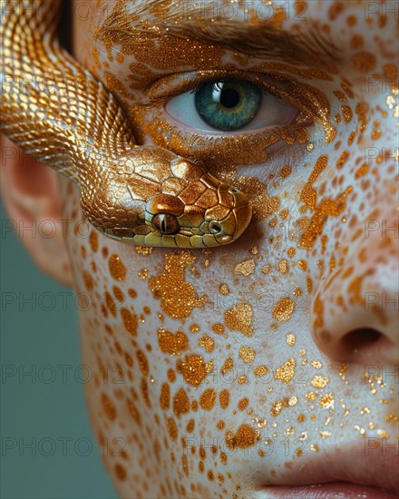 A personal close-up with glitter-freckled caucasian skin blue eyed model and a golden snake partially obscuring the view, blurry teal turquoise solid background, beauty product studio light, fashion artsy make up, high concept potraiture, AI generated