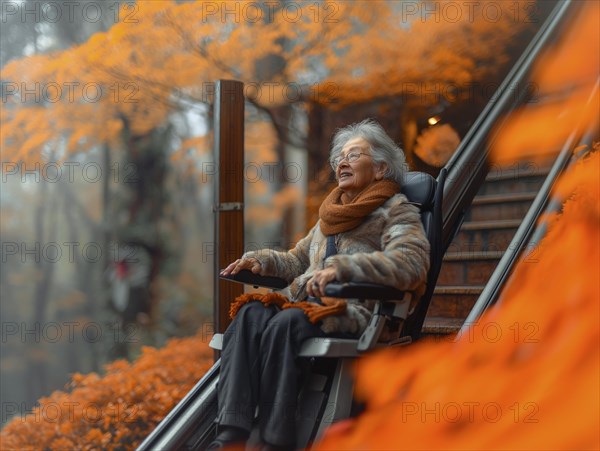 A pensioner rides a stair lift up a flight of stairs, AI generated