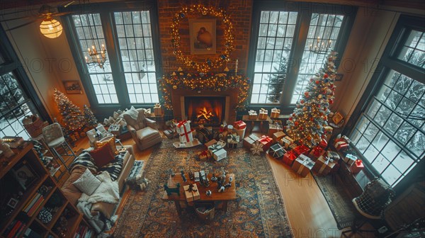 A grand living room warmly decorated for the holiday season, with a fireplace and Christmas trees, AI generated