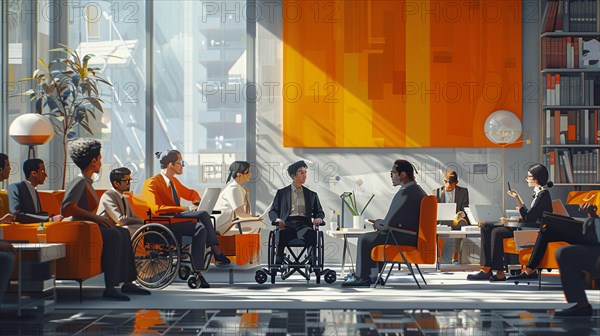 Modern office meeting with a diverse group of colleagues, including an individual in a wheelchair, AI generated