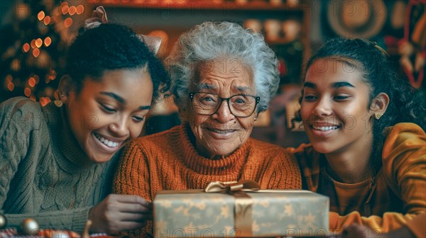 A joyful family moment with an elderly woman receiving a gift surrounded by Christmas lights and nephews, AI generated