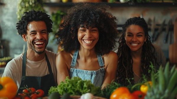 A convivial scene of three diverse vegan friends cooking and sharing a laugh together in a kitchen, AI generated