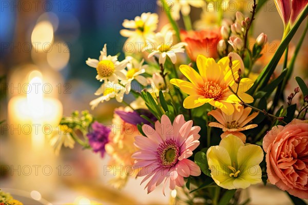 Mother's Day, Colourful flower arrangement with candlelight in the background, AI generated, AI generated