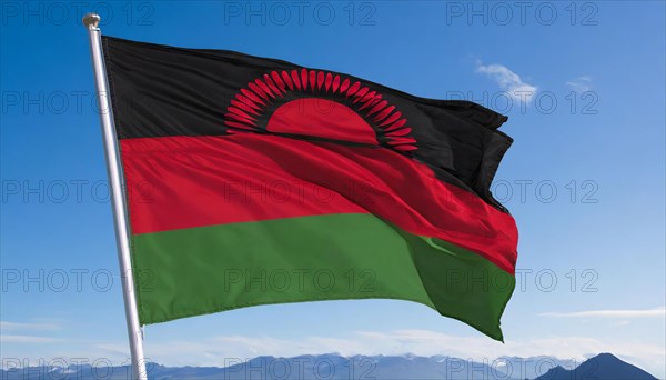 The flag of Malawi, fluttering in the wind, isolated, against the blue sky